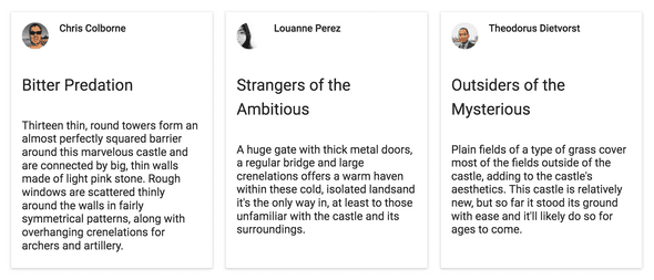 The final result is three Material Design cards with an author, title and content